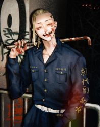 Rule 34 | belt, blood, blood on face, blue jumpsuit, bousouzoku, braid, braided ponytail, delinquent, earrings, eigoni, graffiti, highres, holding, holding weapon, jewelry, jumpsuit, kanji, long hair, looking at viewer, male focus, nosebleed, ponytail, ryuuguuji ken, smile, smoking pipe, solo, tattoo, tokyo revengers, weapon
