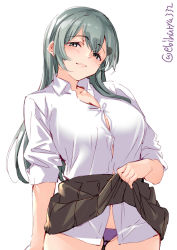 Rule 34 | aqua eyes, aqua hair, blouse, brown thighhighs, clothes lift, collared shirt, ebifurya, hair ornament, hairclip, highres, kantai collection, lifting own clothes, long hair, one-hour drawing challenge, panties, pleated skirt, purple panties, school uniform, shirt, simple background, skirt, solo, suzuya (kancolle), thighhighs, underwear, white background, white shirt