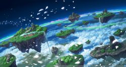 Rule 34 | architecture, cloud, copyright notice, east asian architecture, floating island, in-universe location, no humans, orbit, petals, star (sky), touhou, touhou lostword, tree, water, waterfall