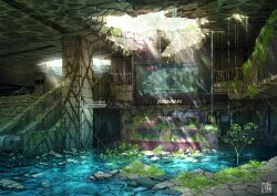 abandoned broken_window commentary_request concrete day dilapidated escalator flood highres hole indoors monitor no_humans original overgrown plant post-apocalypse railing revision ruins scenery sign signature stairs stone_stairs sunlight tokyogenso translation_request water