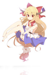 Rule 34 | 1girl, aoi (annbi), bare arms, bare legs, bare shoulders, barefoot, blonde hair, bow, clothes between thighs, hair bow, highres, horn ornament, horn ribbon, horns, ibuki suika, long hair, looking at viewer, low-tied long hair, oni horns, red eyes, ribbon, shirt, skirt, sleeveless, sleeveless shirt, solo, touhou, very long hair, wrist cuffs