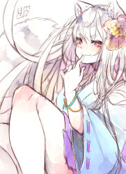 Rule 34 | &gt;:), 1girl, animal ear fluff, animal ears, blue kimono, blush, bow, chita (ketchup), closed mouth, finger to mouth, flower, fox ears, fox girl, fox tail, hair between eyes, hair bow, highres, japanese clothes, kimono, knees up, long hair, long sleeves, original, pleated skirt, purple bow, purple flower, purple skirt, red eyes, ribbon-trimmed sleeves, ribbon trim, short eyebrows, signature, silver hair, simple background, sitting, sketch, skirt, smile, solo, tail, thick eyebrows, v-shaped eyebrows, very long hair, white background, wide sleeves, yellow flower