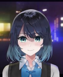 Rule 34 | 1girl, absurdres, black sweater vest, blue bow, blue bowtie, blue hair, blurry, blurry background, blush, bow, bowtie, closed mouth, collared shirt, commentary, dress shirt, english commentary, gradient hair, hair between eyes, highres, kurokawa akane, letterboxed, looking at viewer, lugoca, medium hair, multicolored hair, night, oshi no ko, school uniform, shadow, shirt, signature, smile, solo, sweater vest, upper body, variant set, white shirt