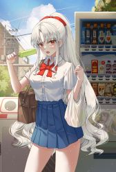 Rule 34 | 1girl, absurdres, bag, blue skirt, bow, bowtie, breasts, collared shirt, contrapposto, cowboy shot, duffel bag, food, grocery bag, hair ribbon, high-waist skirt, highres, holding, jisu lee, long hair, looking at viewer, medium breasts, open mouth, original, outdoors, pleated skirt, ponytail, popsicle, red eyes, ribbon, school uniform, shirt, shirt tucked in, shopping bag, short sleeves, skirt, solo, standing, vending machine, very long hair, white hair, white shirt