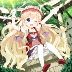 Rule 34 | 1girl, ;d, bat wings, blonde hair, blue eyes, flute, flute (kidatsu), hairband, holding, instrument, kidatsu! dungeons lord, lolita fashion, lolita hairband, long hair, looking at viewer, muku (muku-coffee), official art, one eye closed, open mouth, pointy ears, sitting, smile, solo, wings