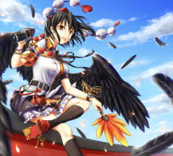 Rule 34 | 1girl, armband, bead bracelet, beads, belt, bird wings, black feathers, black hair, black ribbon, black skirt, black socks, black wings, bracelet, brown eyes, camera, day, dress shirt, feathered wings, feathers, from side, geta, hat, hauchiwa, highres, jewelry, leaf print, looking at viewer, looking to the side, neck ribbon, outdoors, petticoat, pom pom (clothes), puffy short sleeves, puffy sleeves, ribbon, shameimaru aya, shirt, short hair, short sleeves, skirt, sky, socks, solo, tengu-geta, tokin hat, tongue, tongue out, torinari (dtvisu), touhou, white shirt, wind, wings