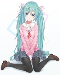 Rule 34 | 1girl, aqua eyes, aqua hair, between legs, bib (bibboss39), black pantyhose, brown footwear, buttons, cardigan, closed mouth, collarbone, frown, grey skirt, hair ribbon, hatsune miku, head tilt, highres, loafers, long hair, long sleeves, looking to the side, miniskirt, neck ribbon, pantyhose, pink cardigan, pink ribbon, pleated skirt, red ribbon, ribbon, sailor collar, school uniform, shadow, shoe dangle, shoes, sidelocks, sitting, skirt, solo, twintails, v-shaped eyebrows, v arms, very long hair, vocaloid, wariza, white background, white sailor collar