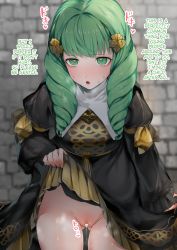 Rule 34 | 1girl, bar censor, black dress, blush, censored, cleft of venus, clothes lift, cowboy shot, dress, dress lift, drill hair, echigoya takeru, fire emblem, fire emblem: three houses, flayn (fire emblem), green eyes, green hair, hair ornament, hard-translated, highres, lifted by self, long sleeves, nintendo, open mouth, pussy, solo, third-party edit, translated