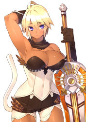 Rule 34 | 1girl, 23 (real xxiii), :&lt;, armpits, blonde hair, blush, breasts, character request, cleavage, dark-skinned female, dark skin, fantasy earth zero, gloves, highres, holding, large breasts, original, purple eyes, sela (23), short hair, simple background, solo, sword, tail, tan, weapon, white background