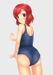 Rule 34 | 10s, 1girl, :o, ass, back, bare shoulders, blush, breasts, from behind, highres, love live!, love live! school idol project, nishikino maki, open mouth, purple eyes, red hair, school swimsuit, shiny skin, short hair, solo, swimsuit