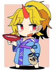 Rule 34 | blonde hair, blue kimono, blush, border, breasts, chibi, cup, fang, full body, holding, holding cup, horns, hoshiguma yuugi, hoshiguma yuugi (kimono), ini (inunabe00), japanese clothes, kimono, long hair, medium breasts, oni horns, open mouth, pink background, pointy ears, ponytail, red eyes, sakazuki, simple background, single horn, skin fang, smile, touhou, white border
