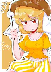 Rule 34 | absurdres, animal ears, blonde hair, breasts, brown hat, character name, chinese commentary, cleavage, closed mouth, colored eyelashes, commentary request, dango, food, hat, highres, holding, lop rabbit ears, priswocaer, rabbit ears, rabbit girl, red eyes, ringo (touhou), shirt, short hair, short sleeves, shorts, sitting, small breasts, smile, striped clothes, striped shirt, striped shorts, touhou, vertical-striped clothes, vertical-striped shorts, wagashi, yellow shirt