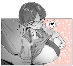 Rule 34 | 1boy, 1girl, arm grab, blush, breasts, buttons, clothes lift, collared shirt, covered erect nipples, ear blush, glasses, grabbed breast over shoulder, grabbing, grabbing another&#039;s breast, greyscale with colored background, heart, large breasts, long hair, necktie, no bra, original, pink background, shirt, spoken heart, sweat, sweater, sweater lift, twintails, yoshiragi