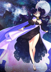 Rule 34 | 1girl, bishoujo senshi sailor moon, black hair, breasts, cleavage, collar, crescent, crescent earrings, double bun, earrings, forehead jewel, highres, jewelry, jinial, legs, lips, lipstick, long hair, looking at viewer, makeup, medium breasts, moon, nail polish, nehelenia (sailor moon), parted lips, pointy ears, see-through silhouette, solo, toeless footwear, very long hair