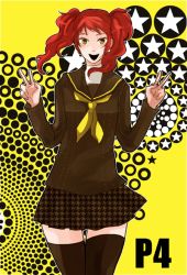 Rule 34 | 1girl, atlus, female focus, houndstooth, kujikawa rise, persona, persona 4, red hair, school uniform, serafuku, skirt, smile, solo, sudachips, thighhighs, twintails, v
