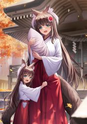 Rule 34 | 2girls, :d, animal ear fluff, animal ears, autumn leaves, blue eyes, blush, breasts, brown hair, building, commentary, commission, flower, fox ears, fox girl, fox tail, ginkgo leaf, hair flower, hair ornament, hakama, highres, japanese clothes, kimono, leaf, long hair, long sleeves, medium breasts, miko, mole, mole under eye, mother and child, mother and daughter, multicolored hair, multiple girls, open mouth, original, pixiv commission, red flower, red hakama, rope, shide, shimenawa, sion (9117), smile, streaked hair, tail, very long hair, white hair, white kimono, wide sleeves