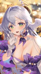 Rule 34 | 1girl, absurdres, bare shoulders, blurry, blurry background, bracelet, breasts, choker, cleavage, commentary request, detached sleeves, dress, gloves, green eyes, grey hair, halo, halo behind head, hand up, head wings, highres, honkai: star rail, honkai (series), jewelry, large breasts, long hair, looking at viewer, mokokiyo (asaddr), open mouth, pearl bracelet, purple ribbon, purple sleeves, ribbon, ribbon choker, robin (honkai: star rail), smile, solo, strapless, strapless dress, upper body, white dress, white gloves, wings