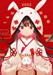 Rule 34 | 1girl, 2023, animal hood, black hair, carrot hair ornament, chinese zodiac, closed mouth, colored inner hair, commentary, daruma doll, egasumi, flower knot, food-themed hair ornament, hair ornament, hairclip, haori, highres, holding, hood, hooded kimono, japanese clothes, kanji hair ornament, kimono, long hair, long sleeves, looking at viewer, moon phases, multicolored hair, new year, obi, obiage, original, rabbit hood, red background, red eyes, red hair, sash, smile, solo, straight-on, streaked hair, tassel, translated, uchikake, urata asao, white kimono, wide sleeves, year of the rabbit