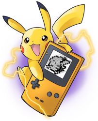 Rule 34 | artist request, creatures (company), electricity, game boy, game boy (original), game freak, gen 1 pokemon, handheld game console, looking at viewer, nintendo, no humans, open mouth, pikachu, pixelated, pokemon, pokemon (creature), pokemon rgby, screen, simple background, source request, sparks, white background, yellow eyes