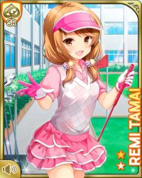 Rule 34 | 1girl, bare legs, brown eyes, brown hair, card (medium), day, girlfriend (kari), gloves, golf, golf bag, golf club, holding, looking at viewer, low twintails, official art, open mouth, outdoors, pink gloves, pink shirt, pink skirt, qp:flapper, school, shirt, skirt, smile, solo, standing, tagme, tamai remi, twintails