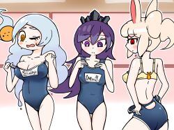 Rule 34 | 3girls, animal ears, animal print, ass, blush, bra, breasts, changing clothes, changing room, egg yolk, embarrassed, grey hair, hair ornament, hairclip, highres, hitodama, hyakkihime, large breasts, multiple girls, new school swimsuit, orange eyes, ponytail, purple eyes, purple hair, rabbit ears, rabbit print, red eyes, school swimsuit, small breasts, spirit, swimsuit, underwear, user vxsn8372, white hair, youkai watch