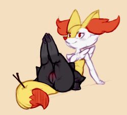 Rule 34 | 1girl, animal ears, animal hands, arm support, ass, beige background, blush, braixen, cleft of venus, creatures (company), feet, female focus, fox ears, fox tail, full body, furry, furry female, game freak, gen 6 pokemon, half-closed eyes, kekitopu, leaning back, legs up, looking at viewer, looking to the side, nintendo, pawtsun, pokemon, pokemon (creature), pokemon xy, pussy, red eyes, simple background, sitting, smile, solo, stick, tail, third-party edit, uncensored