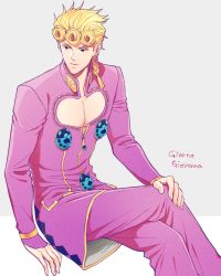 Rule 34 | 1boy, blonde hair, blue eyes, braid, braided ponytail, bug, cleavage cutout, clothing cutout, giorno giovanna, hand on own knee, haruko (chikadoh), insect, jojo no kimyou na bouken, ladybug, male focus, solo, vento aureo, wing ornament