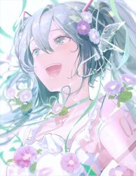 Rule 34 | 1girl, aqua eyes, aqua hair, bare shoulders, blush, breasts, dress, flower, hair flower, hair ornament, hatsune miku, long hair, looking to the side, open mouth, small breasts, smile, solo, twintails, upper body, vocaloid, white dress, yur1ca