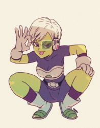 Rule 34 | &gt;:), 1girl, boots, breasts, cheelai, cheelai, cleavage, colored skin, dragon ball, dragon ball super, dragon ball super broly, full body, gloves, green-tinted eyewear, green skin, hand on own knee, medium breasts, purple eyes, ryan jampole, scouter, short hair, signature, smile, solo, spread legs, squatting, tinted eyewear, tongue, tongue out, white footwear, white gloves, white hair