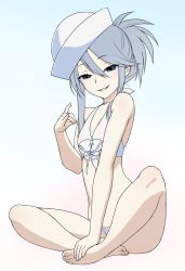 Rule 34 | 10s, 1girl, \n/, alternate hairstyle, bikini, blue background, blue eyes, breasts, commentary, dixie cup hat, flint (girls und panzer), fox shadow puppet, front-tie bikini top, front-tie top, full body, girls und panzer, gradient background, grey hair, grin, hair up, half updo, hand on feet, hat, highres, indian style, looking at viewer, military hat, short hair, sitting, small breasts, smile, solo, swimsuit, wata do chinkuru, white bikini, white hat
