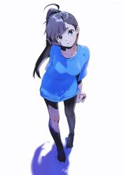 Rule 34 | 1girl, ahoge, black eyes, blue shirt, closed mouth, commentary request, from above, full body, kawai makoto, long hair, looking at viewer, looking up, medium sleeves, pantyhose, ponytail, shadow, shirt, signature, simple background, smile, standing, white background