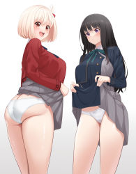 Rule 34 | 2girls, :d, ass, black hair, blonde hair, bow, bow panties, closed mouth, clothes lift, crotch seam, dress, dress lift, fuooooo, highres, inoue takina, lifted by self, long hair, lycoris recoil, multiple girls, nishikigi chisato, open mouth, panties, purple eyes, red eyes, short hair, smile, underwear, white background, white panties