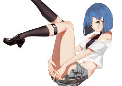 Rule 34 | 10s, 1girl, bare shoulders, blue hair, blush, casual, commentary, darling in the franxx, derivative work, green eyes, hair ornament, hairclip, high heels, highres, ichigo (darling in the franxx), legs up, looking at viewer, midriff, necktie, pleated skirt, reclining, sannye, shirt, short hair, skirt, smile, socks, solo, white shirt