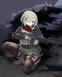 Rule 34 | &gt;:o, 10s, 1girl, :o, ammunition belt, ammunition pouch, ankle boots, antennae, assault rifle, belt, black jacket, black skirt, blue eyes, boots, brown footwear, brown gloves, brown pantyhose, bulletproof vest, colt commando, dagger, full body, gloves, gun, hair ornament, hair over one eye, hairclip, hamakaze (kancolle), headset, holding, holding gun, holding weapon, holster, jacket, kantai collection, kneeling, knife, kotohane, load bearing vest, long sleeves, looking at viewer, m4 carbine, military operator, on one knee, outdoors, pantyhose, plaid, plaid scarf, pleated skirt, pouch, red scarf, rifle, rock, scarf, sheath, sheathed, short hair, silver hair, skirt, sniper rifle, solo, spread fingers, suppressor, talking, thigh holster, thighband pantyhose, trigger discipline, tsurime, v-shaped eyebrows, walkie-talkie, weapon