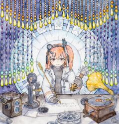 Rule 34 | 1girl, a.i. voice, absurdres, adachi rei, antique phone, arrow (projectile), bead curtain, black gloves, black shirt, bone 71, camera, candlestick phone, clock, commentary, film reel, gears, gloves, hair ornament, hair ribbon, hairclip, headlamp, headset, highres, holding, holding arrow, jacket, light blush, looking at viewer, medium hair, microphone, open clothes, open jacket, orange eyes, orange hair, painting (medium), paper, parka, phonograph, radio antenna, ribbon, screw, shirt, side ponytail, solo, sound wave, symbol-only commentary, traditional media, turtleneck, upper body, utau, watercolor (medium), white jacket, white ribbon, writing
