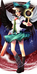 Rule 34 | 1girl, arm cannon, asymmetrical clothes, asymmetrical costume, black hair, black socks, black sun, black wings, bow, cape, female focus, foreshortening, full body, hair bow, katahira masashi, kneehighs, loafers, long hair, looking at viewer, nail polish, open mouth, pointing, red eyes, reiuji utsuho, shoes, smile, socks, solo, standing, sun, third eye, touhou, weapon, wings