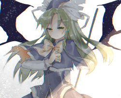 Rule 34 | 1girl, blue capelet, blue hat, blue shirt, blush, bow, bowtie, capelet, collared shirt, demon wings, frilled hat, frills, frown, green eyes, green hair, hat, long hair, long sleeves, mima (touhou), puffy sleeves, shirt, solo, sorani (kaeru0768), touhou, touhou (pc-98), white background, wings, wizard hat, yellow bow, yellow bowtie
