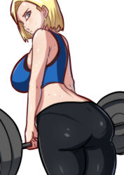 Rule 34 | 1girl, absurdres, android 18, armpits, ass, blonde hair, blue eyes, blush, bob cut, breasts, dragon ball, dragonball z, earrings, etzelin, exercising, female focus, from behind, highres, holding, hoop earrings, jewelry, large breasts, legs, light blush, looking back, medium hair, midriff, pantylines, parted lips, simple background, sleeveless, solo, standing, sweat, thighs, weightlifting, weights, white background
