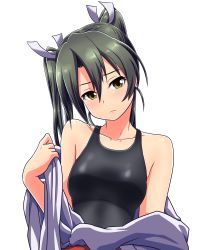 Rule 34 | absurdres, collarbone, competition swimsuit, green eyes, green hair, hair ribbon, highres, japanese clothes, kantai collection, long hair, one-piece swimsuit, ribbon, simple background, solo, swimsuit, tennouji masamichi, twintails, undressing, white background, white ribbon, zuikaku (kancolle)