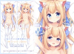 Rule 34 | 1girl, ahoge, animal ears, arm up, bed sheet, between legs, blonde hair, blue bow, blue eyes, blue jacket, blue nails, bow, breasts, cat ears, cat girl, cat tail, censored, collarbone, commentary request, dakimakura (medium), fang, fingernails, groin, hair between eyes, hair bow, hair ornament, hairclip, hand up, head tilt, highres, jacket, long hair, long sleeves, looking at viewer, lying, mimura zaja, moneko-chan, multiple views, nail polish, navel, nipples, no shoes, nude, off shoulder, on back, open clothes, open jacket, open mouth, original, parted lips, sample watermark, sheet grab, sleeves past wrists, small breasts, tail, tail between legs, tail censor, thighhighs, thighhighs pull, translation request, two side up, very long hair, watermark, white thighhighs, x hair ornament