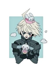 Rule 34 | 1boy, ahoge, animal, animal on head, armor, blush stickers, cropped torso, d:, danganronpa (series), danganronpa v3: killing harmony, green background, green eyes, hands up, holding, holding animal, jugsujebi, k1-b0, looking down, male focus, on head, open mouth, power armor, rabbit, short hair, solo, spiked hair, upper body, white background, white hair