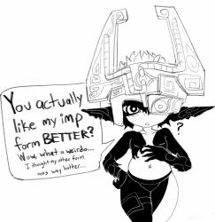 Rule 34 | ?, black panties, black skin, blush, breasts, colored skin, english text, gigawix, greyscale, hand on own hip, hand on own chest, helmet, midna, monochrome, multicolored skin, navel, nintendo, one eye covered, panties, pointy ears, small breasts, solo, speech bubble, the legend of zelda, the legend of zelda: twilight princess, underwear, white skin