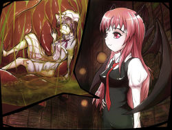 Rule 34 | 2girls, acerok, bat wings, book, commission, demon girl, dress, hand on own stomach, head wings, koakuma, long hair, multiple girls, patchouli knowledge, scared, stomach (organ), demon girl, torn clothes, touhou, vore, wings