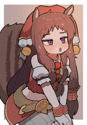 Rule 34 | 1girl, absurdres, bell, blush, border, brown background, brown hair, chipmunk ears, chipmunk girl, chipmunk tail, copyright request, crop top, flat chest, hair bell, hair ornament, highres, invisible chair, ix, long hair, midriff, navel, open mouth, outside border, purple eyes, red headwear, red shirt, red shorts, shirt, shorts, simple background, sitting, solo, sweatdrop, very long hair, white border