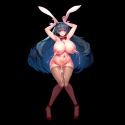 Rule 34 | 1girl, animal ears, areola slip, armpits, arms up, black background, black hair, black thighhighs, blue eyes, blue hair, blush, bow, bowtie, breasts, character request, cleft of venus, cum, cum in pussy, cumdrip, curvy, detached collar, fake animal ears, feet, female focus, full body, groin, heart, heart-shaped pupils, high heels, highleg, highres, huge breasts, lactation, last origin, legs, leotard, long hair, looking at viewer, milk, nipple piercing, nipple tag, nipples, oberonia rhea, open mouth, piercing, pigeon-toed, playboy bunny, puffy nipples, pussy, rabbit ears, red footwear, shiny clothes, shoes, simple background, sleeveless, smile, snowball22, solo, standing, strapless, symbol-shaped pupils, thigh gap, thighhighs, thighs, third-party edit, uncensored, white background, wide hips, wrist cuffs, zipper