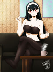 Rule 34 | 1girl, black hair, boots, breasts, bustier, cleavage, couch, crop top, danmakuman, earrings, gold earrings, hairband, high heel boots, high heels, highres, indoors, jewelry, large breasts, living room, medium breasts, midriff, navel, pantyhose, red eyes, sitting, smile, solo, spy x family, white hairband, yor briar