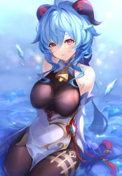 Rule 34 | 1girl, bare shoulders, bell, black bodysuit, blush, bodysuit, breasts, cowbell, docozi, flower, ganyu (genshin impact), genshin impact, hair between eyes, highres, horns, large breasts, long hair, long sleeves, looking at viewer, neck bell, partially submerged, purple eyes, smile, solo, water