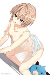 Rule 34 | 10s, 1girl, :p, all fours, artist name, ass, babydoll, bare shoulders, blanc (neptunia), blue eyes, blush, breasts, brown hair, collarbone, dogoo, dress, hanging breasts, hews, light brown hair, neptune (series), nipples, no bra, open mouth, panties, parted lips, puffy nipples, see-through, shadow, shiny clothes, shiny skin, short hair, simple background, small breasts, smile, solo, striped clothes, striped panties, tongue, tongue out, underwear, white background