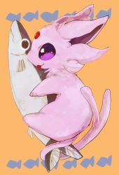 Rule 34 | :3, animal focus, bad id, bad pixiv id, banchiku, black eyes, blush, closed mouth, creatures (company), espeon, fish, forehead jewel, from above, full body, game freak, gen 2 pokemon, happy, intertwined tails, jpeg artifacts, licking, light blush, lying, nintendo, no humans, nose blush, on side, orange background, pokemon, pokemon (creature), purple eyes, simple background, smile, solo, tongue