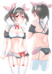 Rule 34 | 10s, 1girl, :t, absurdres, ass, back, bare shoulders, black hair, black panties, bow, breasts, cleavage, closed mouth, frills, gluteal fold, hair bow, highres, looking at viewer, love live!, love live! school idol festival, love live! school idol project, maid, maid headdress, medium hair, midriff, multiple views, navel, panties, pink bow, pout, red eyes, small breasts, sokosokomichi, standing, thighhighs, twintails, underwear, yazawa nico